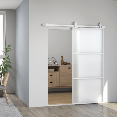 HOMCOM Puerta Corredera de Cristal con Herrajes Mecanismo Cierre Suave para Baño Salón 91,4x203,2 cm Blanco
