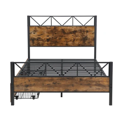 Metal Double Bed with 2 Drawers, Black