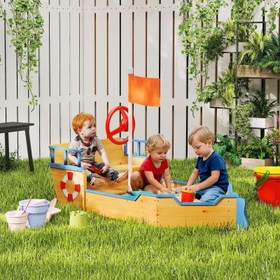 Outsunny Wooden Pirate Ship Sandpit Playset with Bench