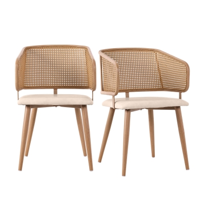 Set of 2 Modern Dining Chairs with Rattan Backrest, Beige