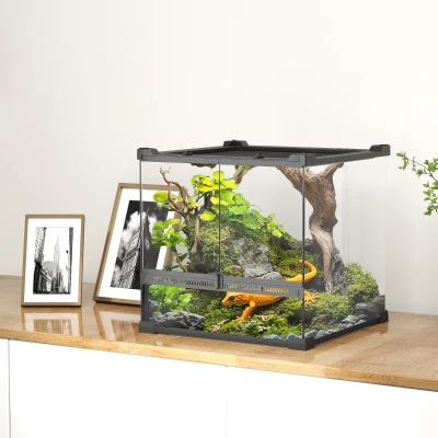 PawHut Szklane terrarium dla gadów, podwyższona & wodoodporna podstawa, zamek guzikowy
