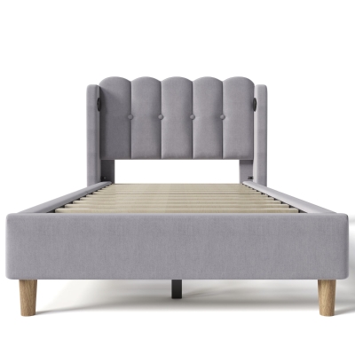 Upholstered Single Bed with USB & Type-C Charging Ports, Grey