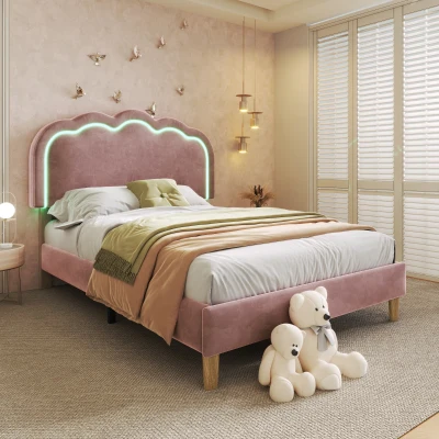 Upholstered Single Bed with LED Adjustable Headboard, Pink