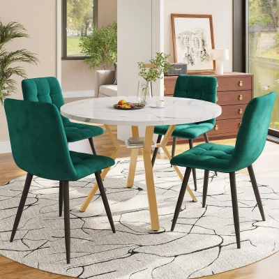 Round Marble Dining Table Set with Gold Metal Legs and 4 Ergonomic Velvet Chairs, White+Green