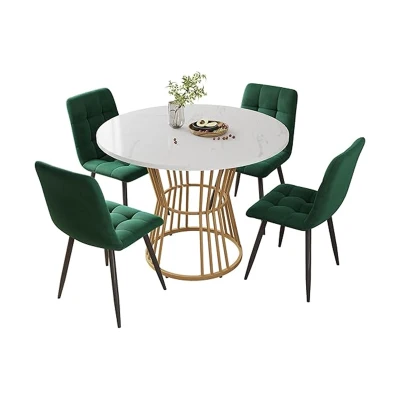 Round Dining Table Set with 4 Velvet Chairs, White+Green