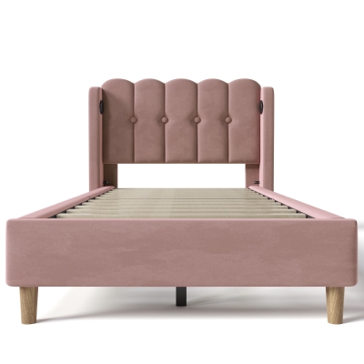 Upholstered Single Bed with USB and Type-C Charging Ports, Pink