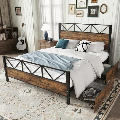 Metal Double Bed with 2 Drawers, Black