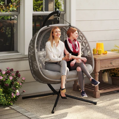 Outsunny Double Swing Chair with Metal Stand Sand Brown