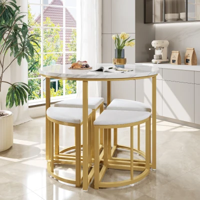Dining Table Set with 4 Velvet Chairs, White+Gold