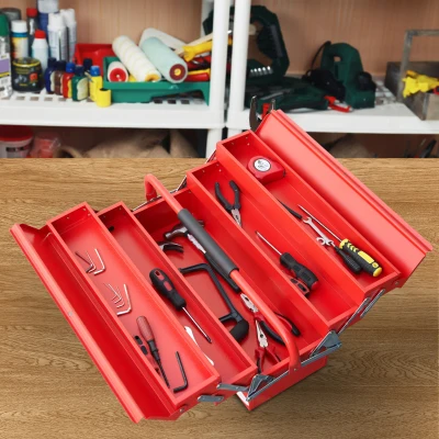 DURHAND Caja de Herramientas de Acero Plegable Portátil con 5 Compartimentos y Mango de Transporte para Taller Bricolaje Hogar 56x20x41 cm Rojo