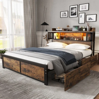 Metal Double Bed with LED Light Strip, Black