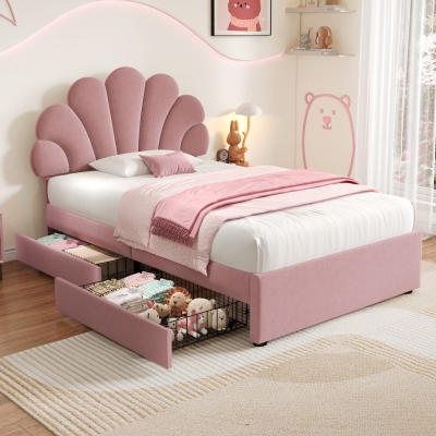 Single Upholstered Bed with Adjustable Petal Headboard, Pink