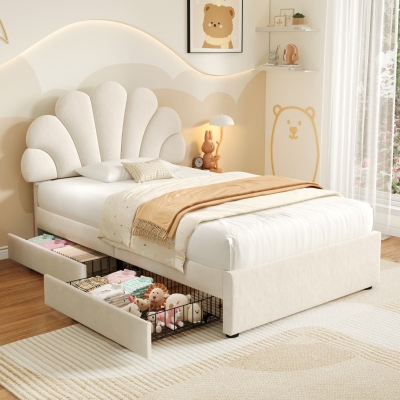 Single Upholstered Bed with 2 Storage Drawers, Beige