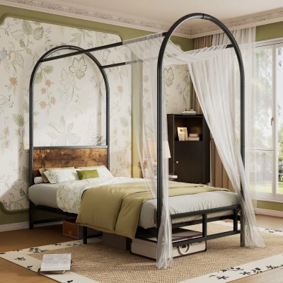 Metal Canopy Bed Frame with Durable Iron and MDF Construction, Black