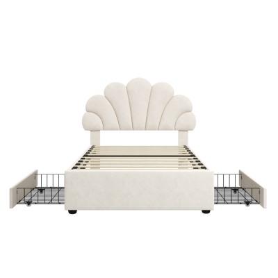 Single Upholstered Bed with 2 Storage Drawers, Beige