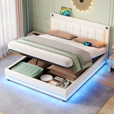 King Size LED Hydraulic Bed with Charging Station, Beige