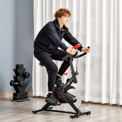 HOMCOM Bicicleta Estática Ciclo Indoor con Pantalla LCD Pulsómetro Sillín y Manillar Ajustables en Altura Volante de Inercia de 6 kg y Resistencia Regulable 85x46x114 cm Negro y Rojo
