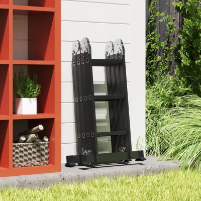 DURHAND Escalera Multiusos Plegable Escalón Caballete 5 en 1 Portátil con 2 Placas de Plataforma Pie Antideslizante 6 Interruptores Bisagra Aluminio 150 kg 370x61x11 cm Negro