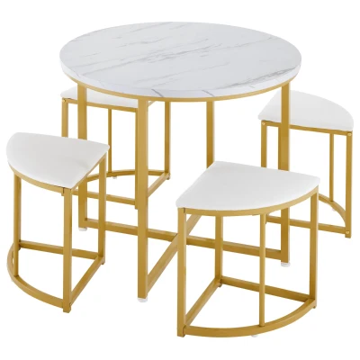 Dining Table Set with 4 Velvet Chairs, White+Gold