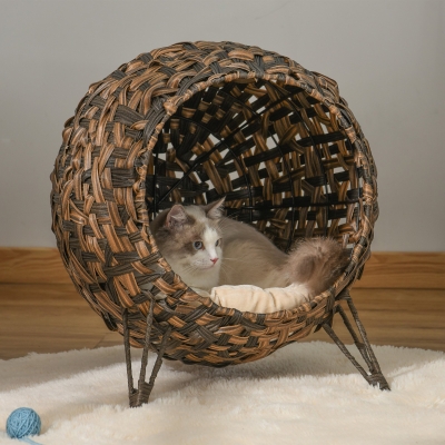PawHut Katzenhaus aus Rattan mit Kissen Katzenschlafplatz Katzenhöhle mit erhöhten Füßen Braun Ø52 x 58 cm