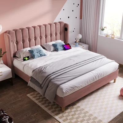 Upholstered Double Bed with USB and Type-C Charging Ports, Pink