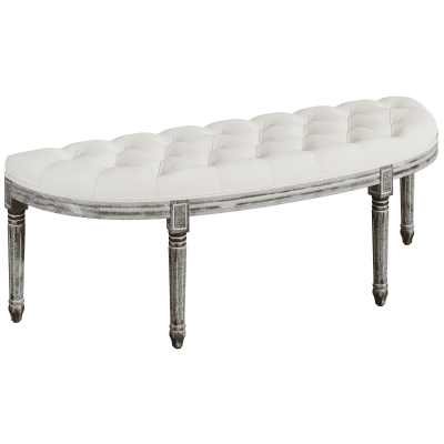 HOMCOM Half-Circle End Bench Ottoman Footstool Tufting Padded Seat Brushed Wood Base Antique Accents Home Seat Furniture Cream White and Light Wood Grain Leg