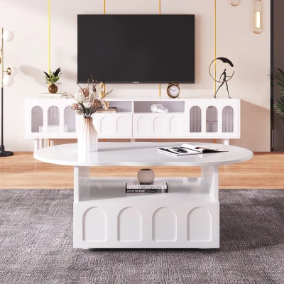 Cloud-Shaped Coffee Table with Drawer and Storage Compartments, White