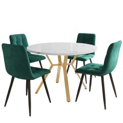 Round Marble Dining Table Set with Gold Metal Legs and 4 Ergonomic Velvet Chairs, White+Green