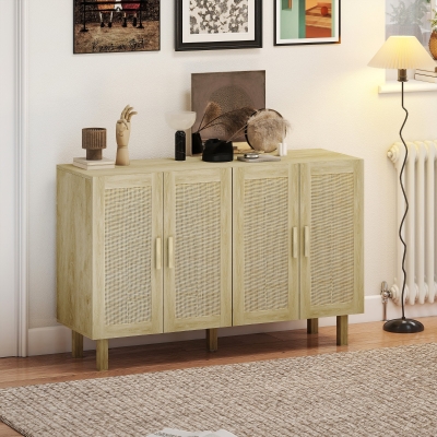 HOMCOM Aparador para Salón con 4 Puertas de Rejilla y Estantes Ajustables Aparador de Estilo Cannage 120x39,5x76 cm Natural