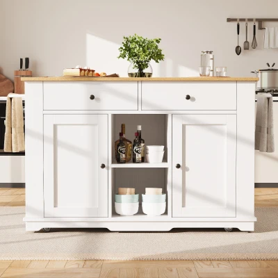 Kitchen Island Trolley with Power Strip, White+Natural