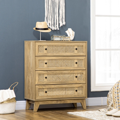 HOMCOM Cassettiera 4 Cassetti Rattan Stile Boho cm Legno Naturale