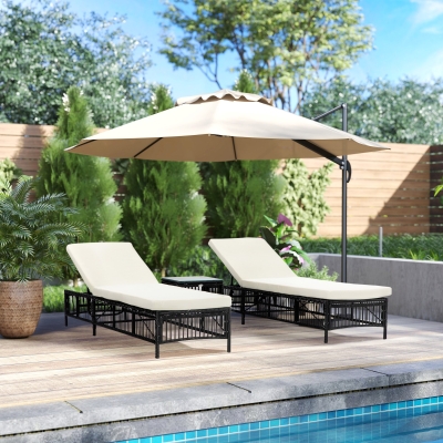 Outsunny Conjunto de 2 Tumbonas de Ratán con Mesa de Centro Respaldo Ajustable en 5 Niveles y Cojines 196x54x32 cm Negro