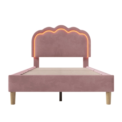 Upholstered Single Bed with LED Adjustable Headboard, Pink