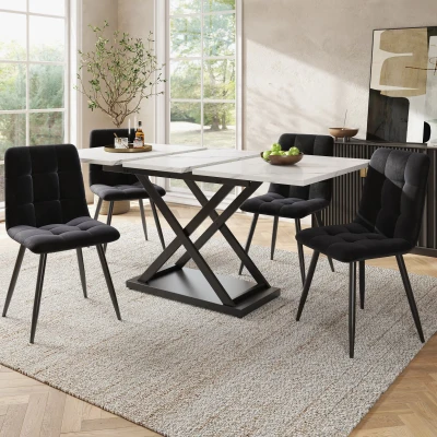 Extendable Dining Table Set with 4 Velvet Chairs, White+Black