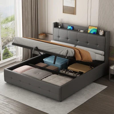 King Upholstered Bed Frame with Hydraulic Storage, Grey