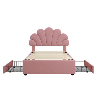 Single Upholstered Bed with Adjustable Petal Headboard, Pink