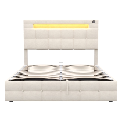 LED Double Upholstered Bed Frame with Charging Station, Beige