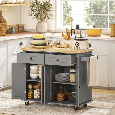 HOMCOM Isla de Cocina con Ruedas Mueble Auxiliar de Cocina con Especiero y Barra Lateral 111x44,5x82,5 cm Gris