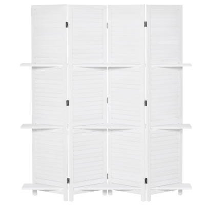 HOMCOM Biombo Separador de Madera de 4 Paneles Divisor de Habitaciones Plegable con 3 Estantes Extraíbles Diseño Persiana para Dormitorio Oficina 160x170 cm Blanco