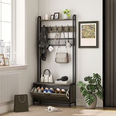 HOMCOM 5-In-1 Industrial-Style Hallway Tree - Grey/Black