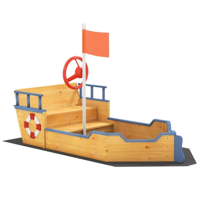 Outsunny Wooden Pirate Ship Sandpit Playset with Bench