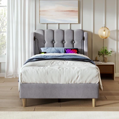 Upholstered Single Bed with USB & Type-C Charging Ports, Grey