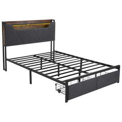 Upholstered Double Bed with LED Lighting, Grey