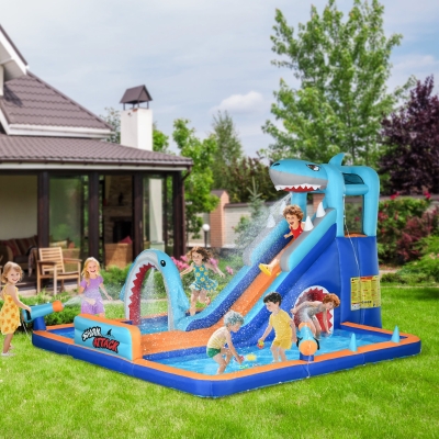 Outsunny Castillo Hinchable para Niños con Tobogán Muro de Escalada Cañón de Agua Temática de Tiburón 440x350x240 cm Multicolor