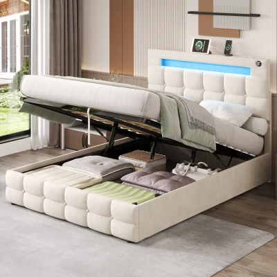 LED Double Upholstered Bed Frame with Charging Station, Beige