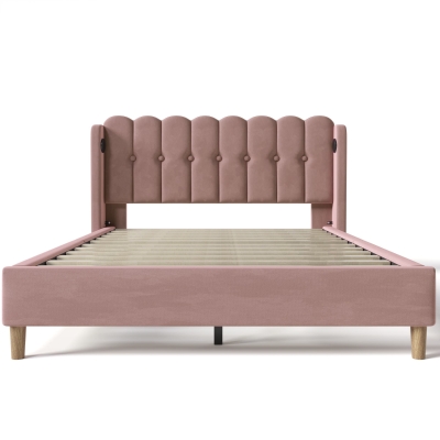Upholstered Double Bed with USB and Type-C Charging Ports, Pink