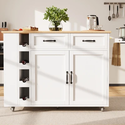 Kitchen Island Trolley with Power Strip, White+Natural