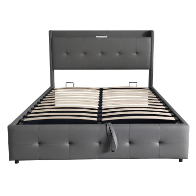 King Upholstered Bed Frame with Hydraulic Storage, Grey