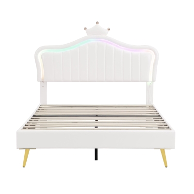 Double Upholstered Bed with Adjustable Crown Headboard, Cream White