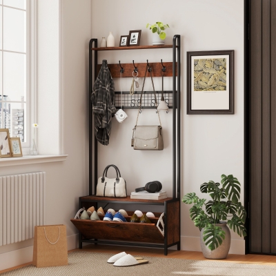 HOMCOM Coat Rack with Shoe Storage Bench Rustic Brown